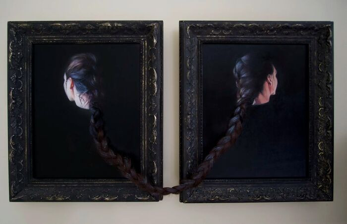 "Oil on wood with applied synthetic hair."