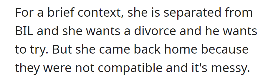 Separated from her brother-in-law, she's back briefly seeking a divorce due to incompatibility, while he wants to reconcile. It's messy.