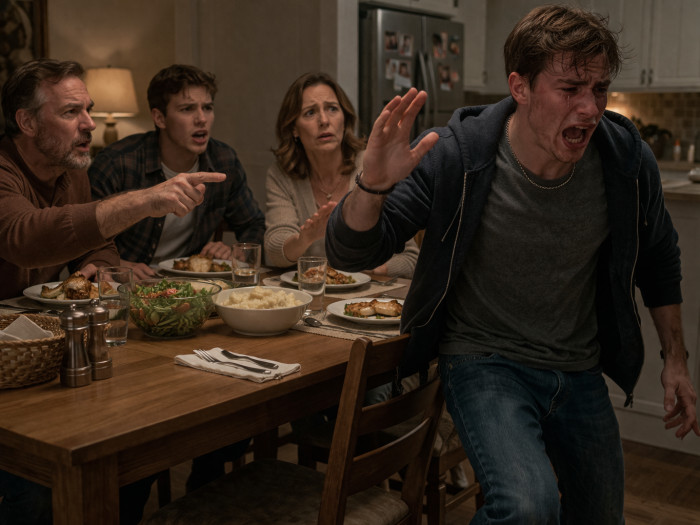 The OP yelled for his family to stop, dropped a frustrated F-bomb, and stormed off to his room, leaving the whole table shaken.