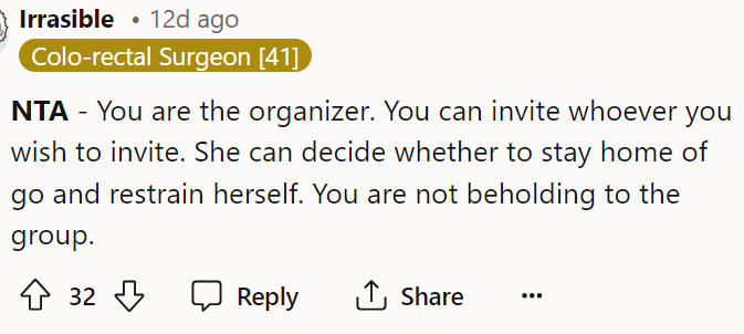 We agree with this comment so much, and we feel like they said exactly what they needed to say to help OP understand she's not in the wrong here.