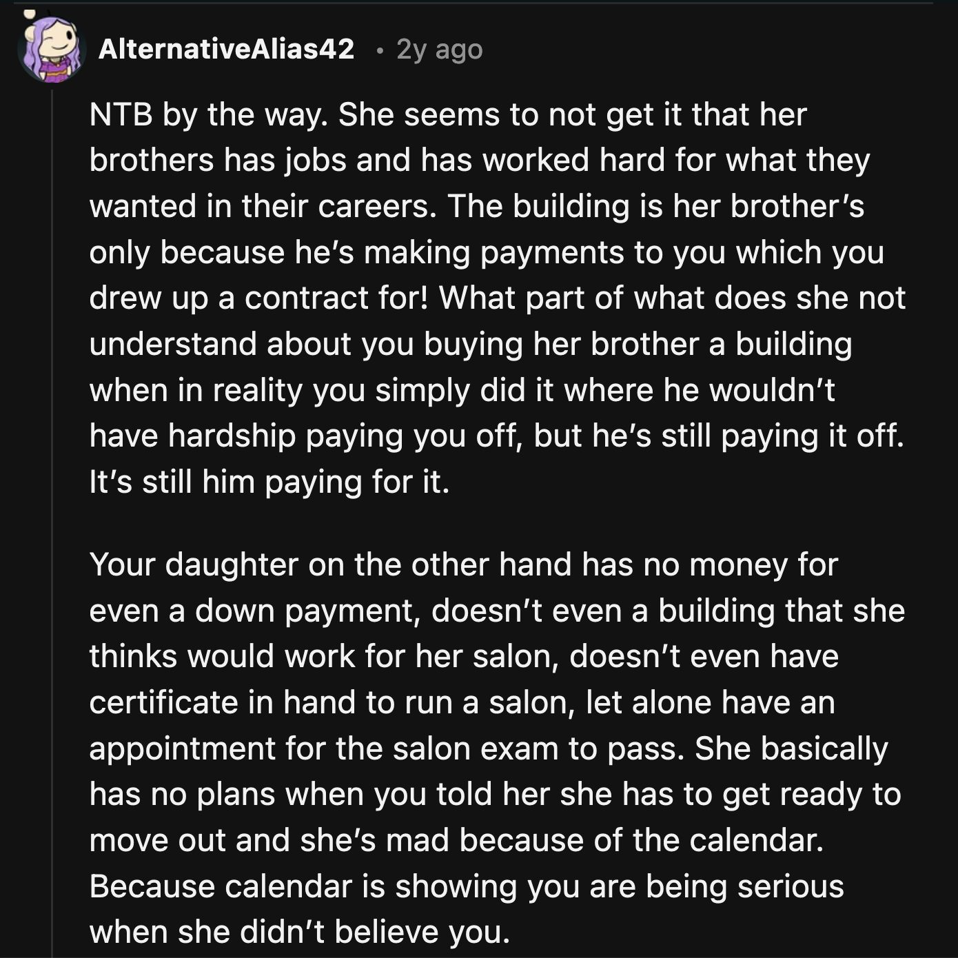 Hope sees how OP supports her brothers; she can't fathom that the support was not a spur-of-the-moment decision.