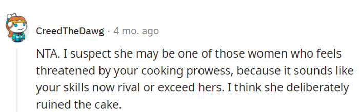 Culinary rivalry sparked, and that cake sabotage was her strategic move.