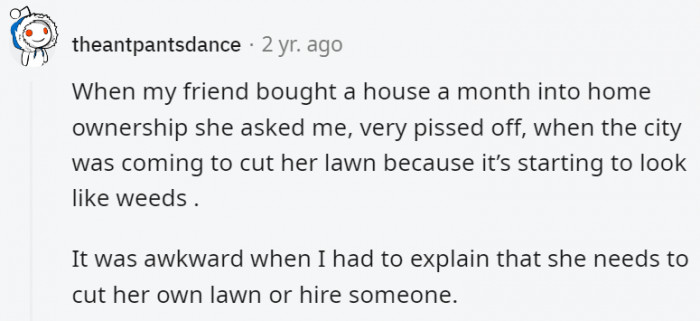 Yeah, the city doesn't handle everything related to home maintenance for you, sweetie.