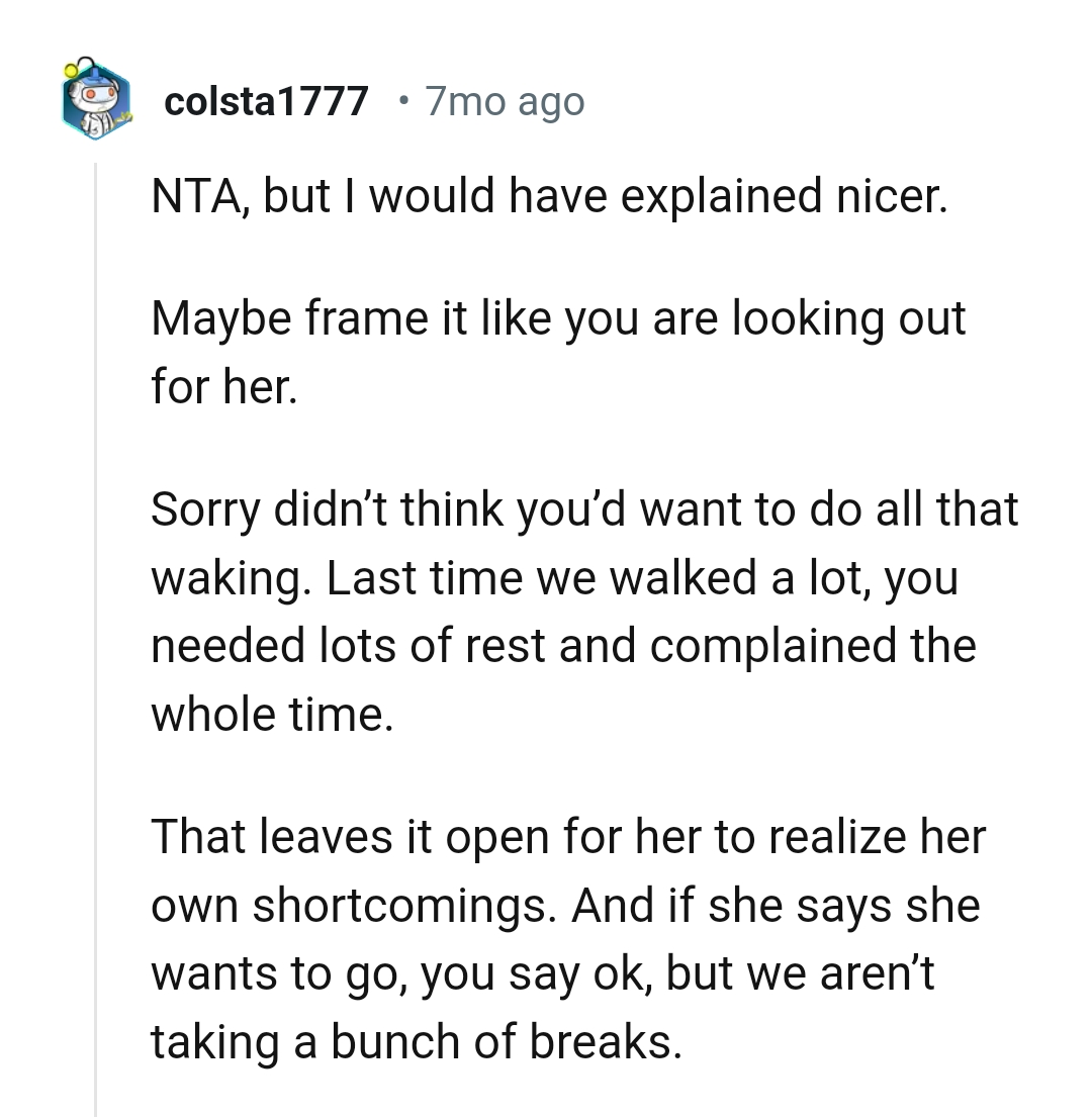 Leaving it open for her to realize her shortcomings