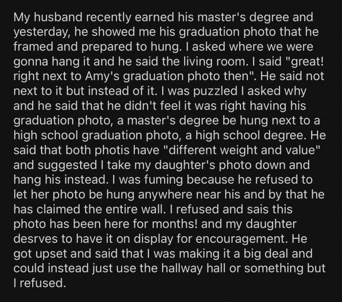 OP's husband refused to have his graduation photo next to his stepdaughter's.