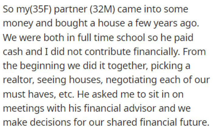 OP and her partner bought a house a few years ago