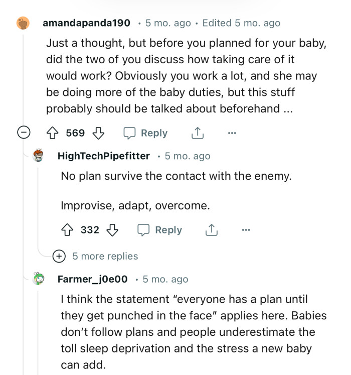 “Before you planned for your baby, did the two of you discuss how taking care of it would work?”