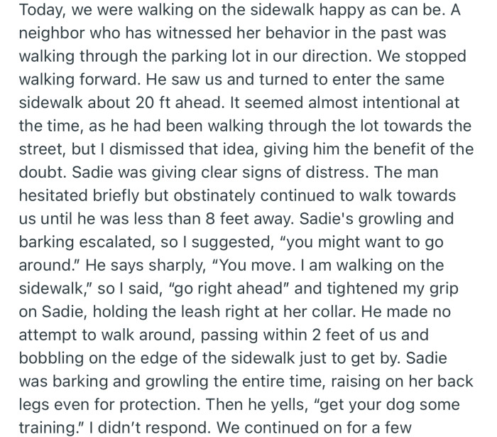 OP was scolded by a neighbor who feels their dog is aggressive and has poor training