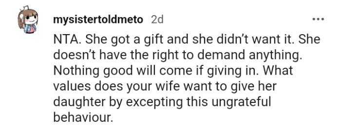 What Value Does the OP's Wife Want to Instill in Their Daughter?