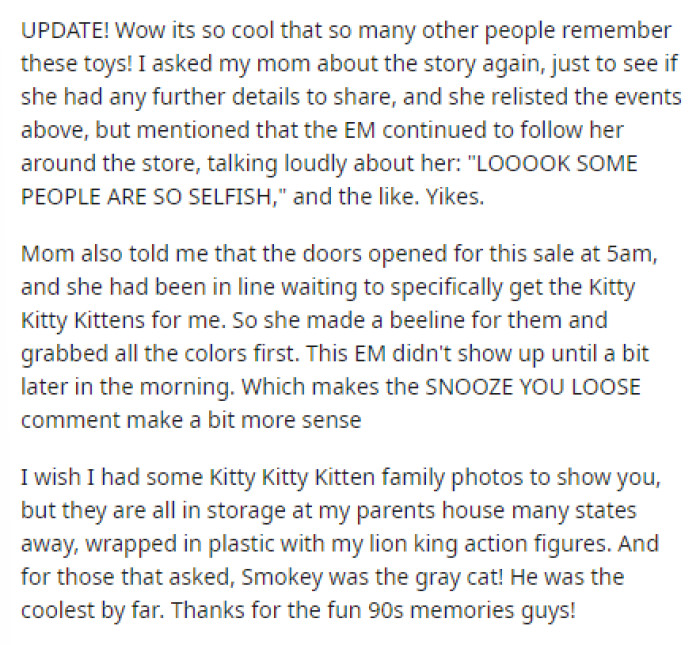 She then adds an update to share some responses to the situation and discusses how popular these little toys were at the time.