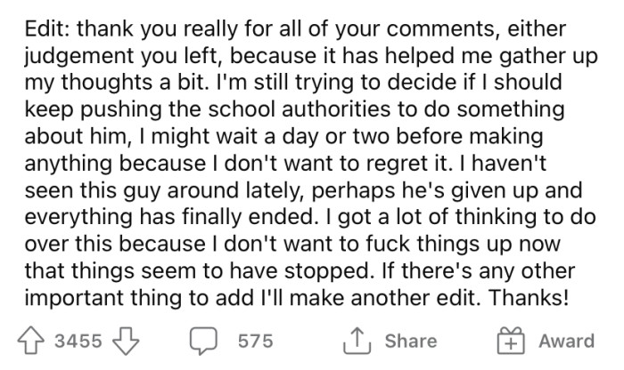 The OP says he feels bad as he knows how hard it is to be gay in their hometown, and the Redditor later posted an edit thanking people for their comments.