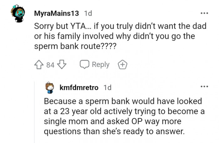 This redditor wants to know why the OP didn't go to a sperm bank