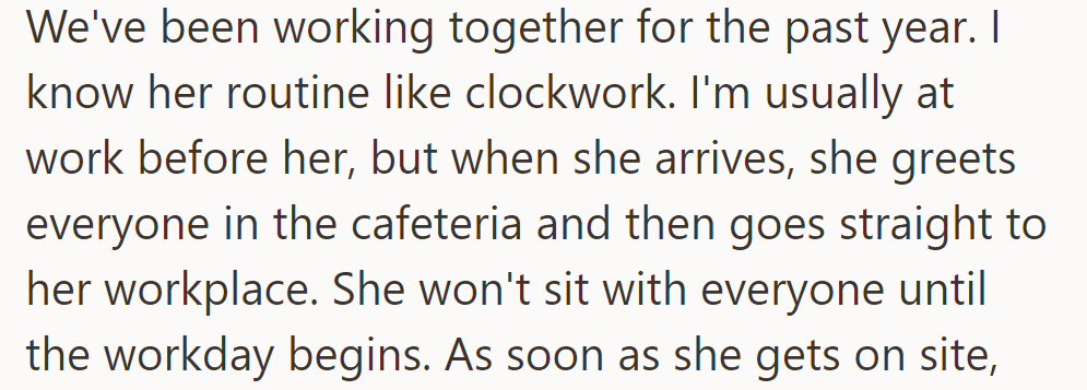 OP and their colleague have worked together for a year; she always greets everyone before heading straight to work.