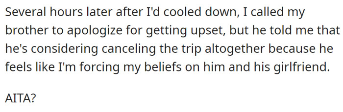 A few hours later, the OP tried to apologize to their brother, but the brother said he was considering canceling the trip.