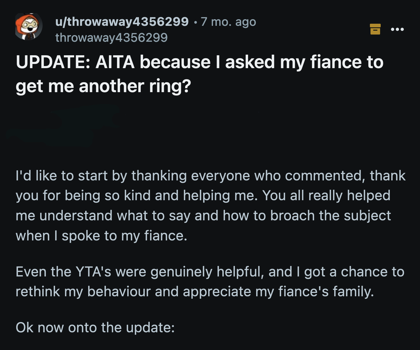 OP shared an update 8 days later after she had illuminating conversations with her fiancé and his mom.