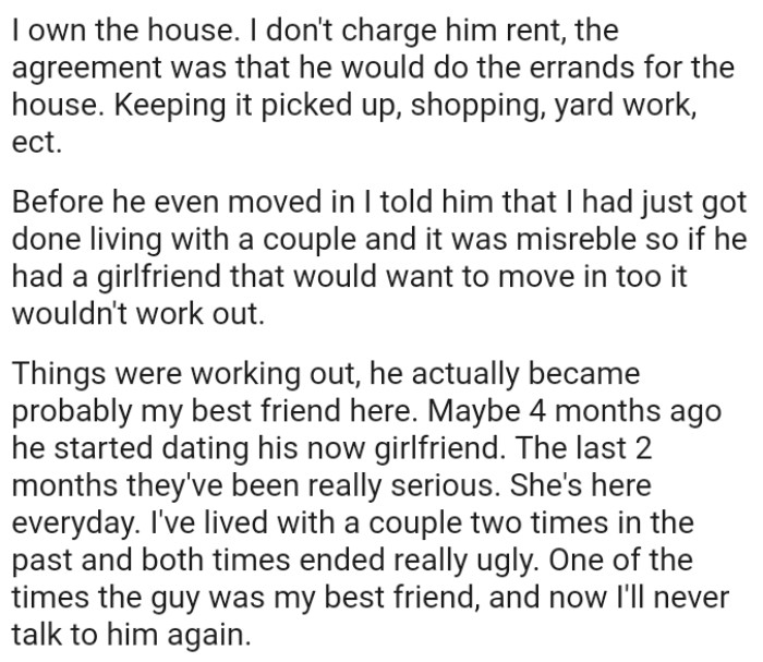 The OP has lived with a couple twice in the past, and both times ended very poorly