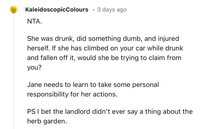 “NTA. She was drunk, did something dumb, and injured herself.”