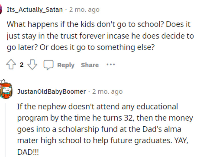 This comment helped us understand a bit more about how these college funds work and what happens if they are not used.