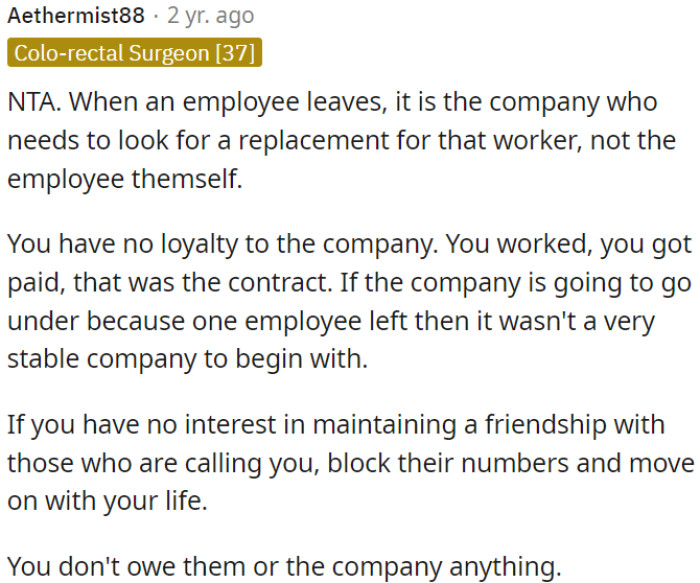 When an employee leaves a company, it's the company's responsibility to find a replacement, not the departing employee's.