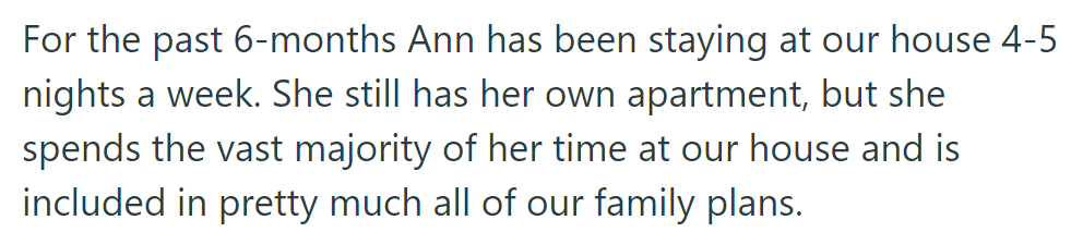 Ann practically lives with them, spending most nights at their house and joining their family activities despite having her own apartment.