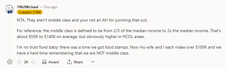 NTA. They aren't middle class, and you're not an AH for pointing that out.