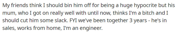 Torn between the advice of her friends, who urge her to end the relationship, and his mother, who labels her as harsh, the woman reflects on her three-year-long commitment with her boyfriend, contemplating the next steps in their relationship.