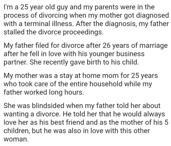 OP's father filed for divorce after 26 years of marriage after he fell in love