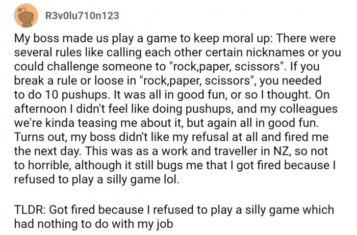 2. They got fired for not participating in workplace games