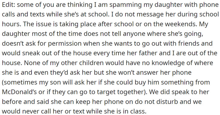 OP added some additional information regarding her concern: