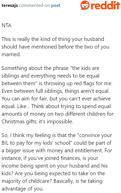 A user points out that the husband is trying to take advantage of the OP.