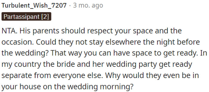 It would be more appropriate for the parents to stay elsewhere the night before the wedding