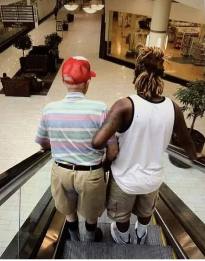 18. The escalator scared the 83-year-old stranger at the mall. The 23-year-old noticed and said,