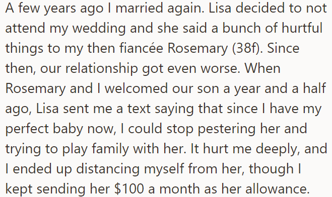 Lisa said some hurtful things to the OP when he remarried and had a baby, which made him distance himself from her