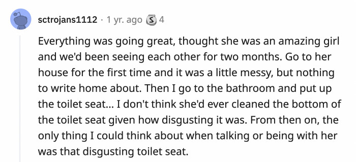 All great thoughts about her would just go down the drain every time he couldn’t help but think about that toilet.