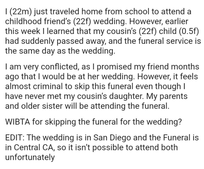 The OP is very conflicted, as he promised his friend months ago that he would be at her wedding
