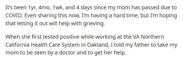 A year after her mother's COVID-19 loss, OP shares her story for healing. She urged her father to seek help when her mother, who worked at the VA Northern California Health Care System in Oakland, tested positive.