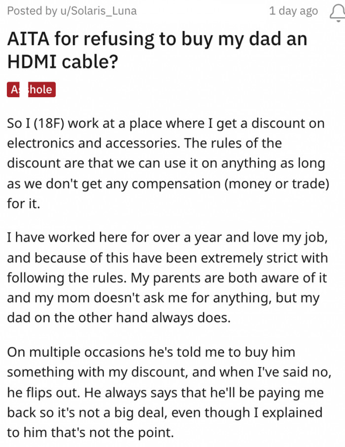 From the situation alone, you can already see that the relationship between the original poster (OP) and her father isn't a good one.