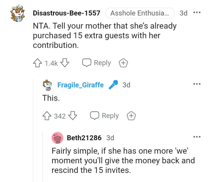 Telling Her That Her Contribution Has Purchased Extra Guests