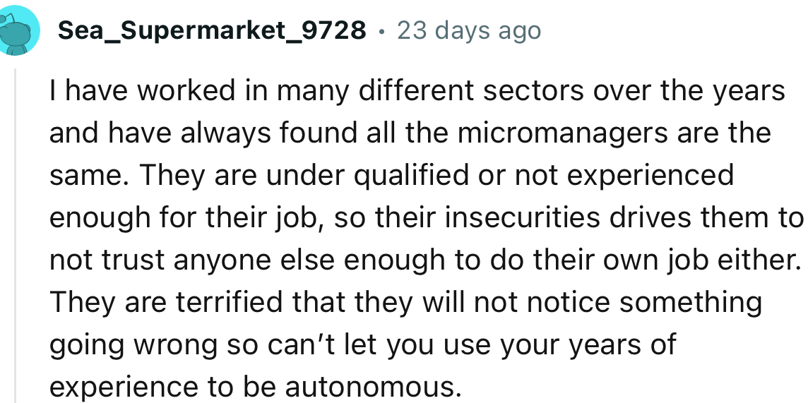 “Micromanagers are terrified that they will not notice something going wrong, so they can’t let you use your years of experience to be autonomous.”
