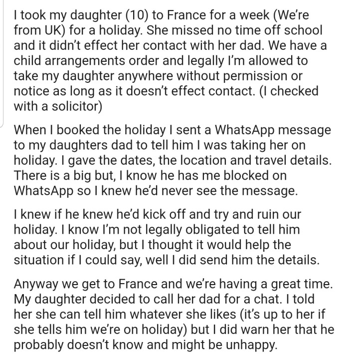 OP took her daughter to France without informing her ex