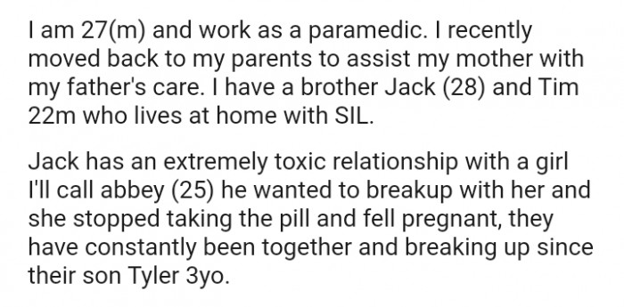 The OP's brother has a toxic relationship with a girl