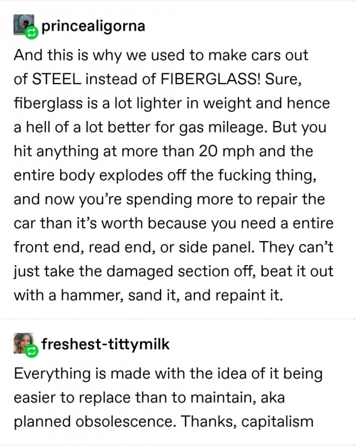 This user commented on the post where they glorified old-school cars.