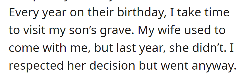 OP visits son's grave yearly on their birthday. Wife used to join but didn't last year; so OP went alone, respecting her decision.