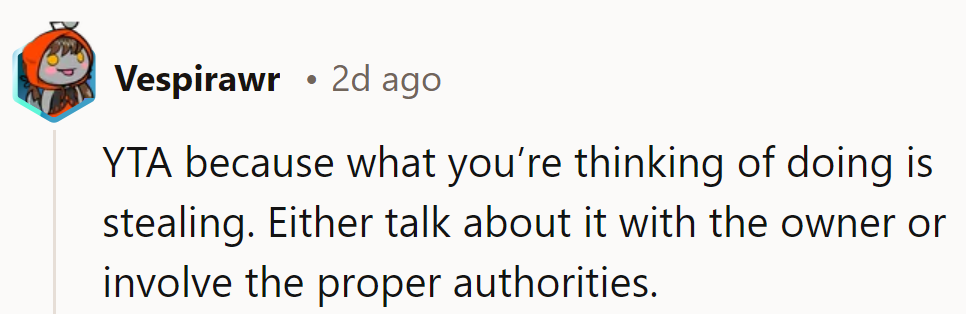 YTA—stealing is stealing. Either talk to the owner or get the proper authorities involved instead.