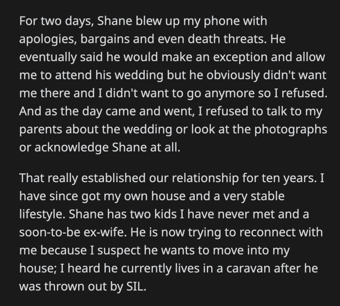 The hook? Shane wants OP to apologize to him before he introduces him to his children.