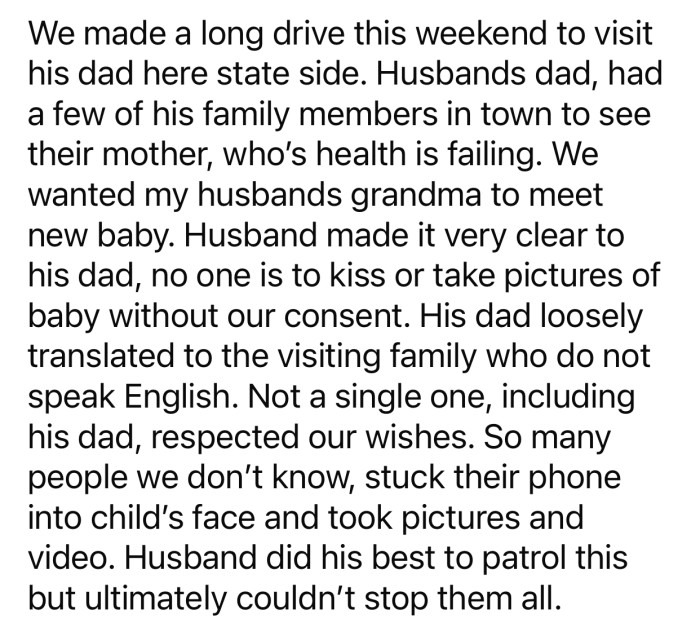 OP's husband made it clear from the beginning that no one is to kiss or photograph their baby without asking them.