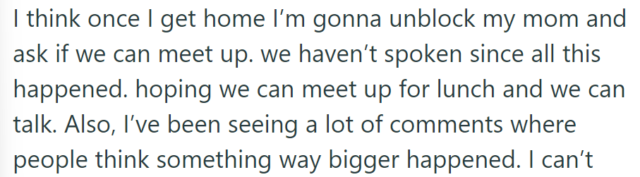 OP plans to unblock her mom, suggesting a meet-up post-trip. They clarify misconceptions from comments.