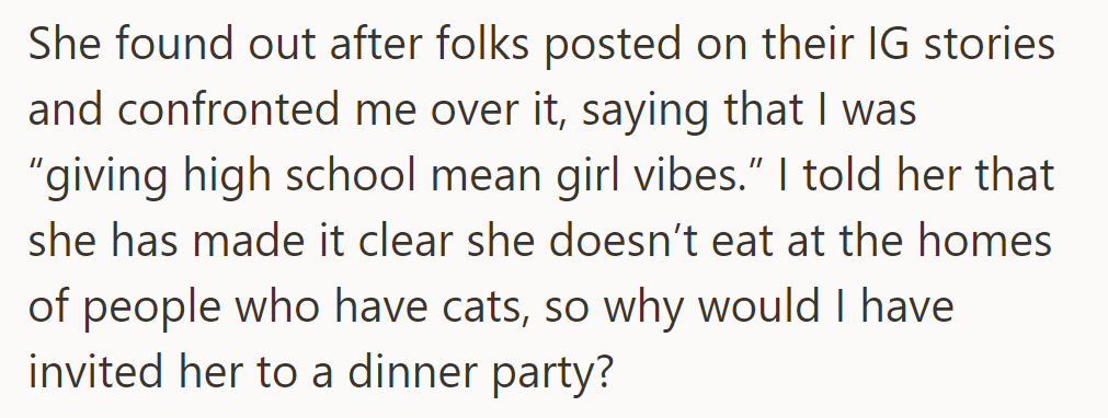 Rose accused them of being exclusionary, but OP cited her cat policy as the reason she wasn't invited.