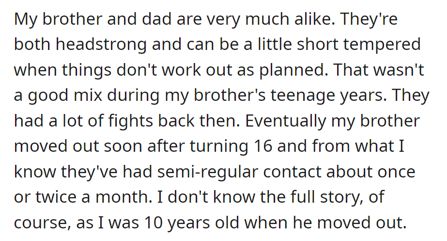 Brother and dad, both headstrong, clashed during brother's teens. Brother moved out at 16, with occasional contact since.