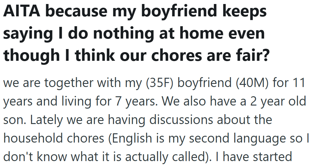 The woman begins by explaining their relationship — 11 years together, 7 of them living under one roof, and now raising a 2-year-old son.